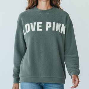 VICTORIA'S SECRET - PINK  · SAGE "LOVE PINK" SAGE GREEN FLEECE CREWNECK - SMALL